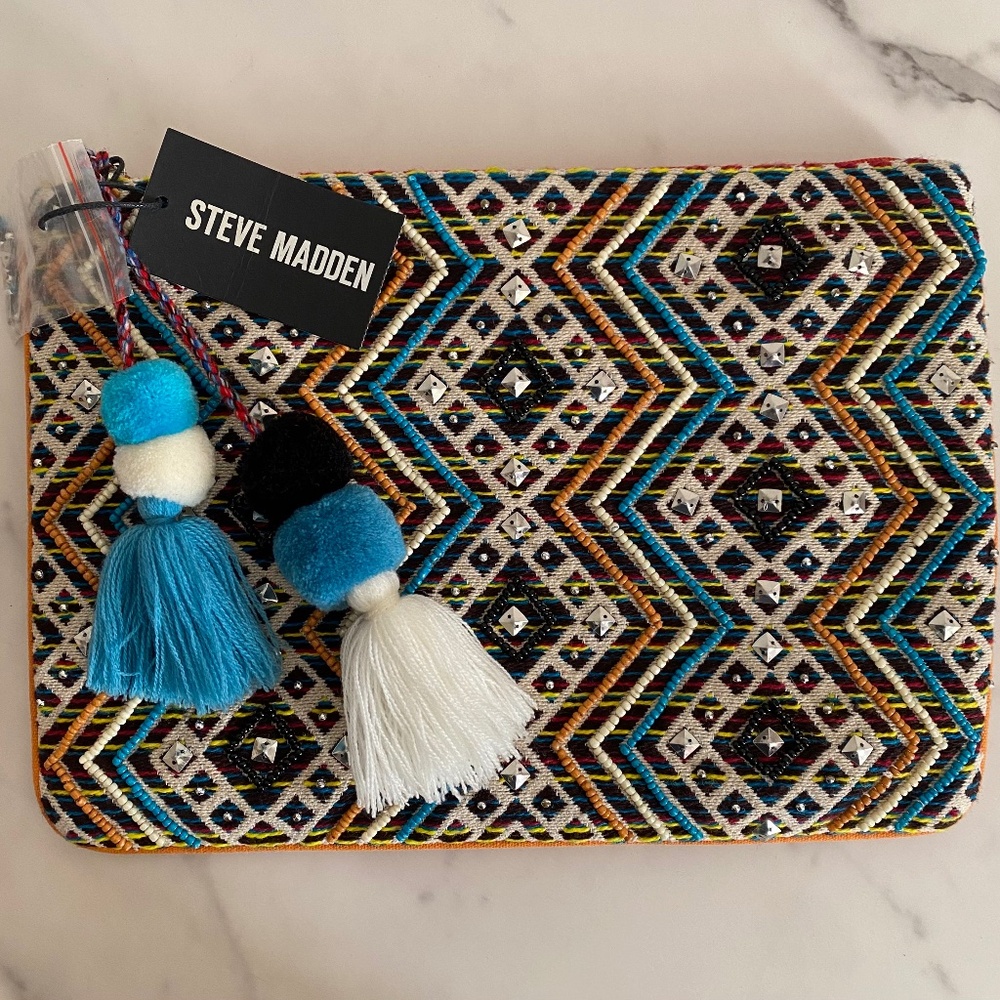 Steve Madden B-Shaye Beaded Tassel Oversized Clutch, Blue Multi  *New with tags*